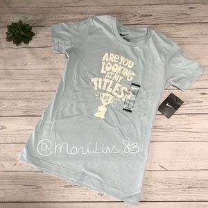 ✨NEW✨Nike baby blue slim fit “Titles” pun tee women’s sz S 4/6
